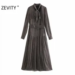 ZEVITY femmes Vintage imprimé fleuri ceintures longues chemise dames col en v arc noué ourlet plissé Vestidos Chic automne robes DS4517 210603