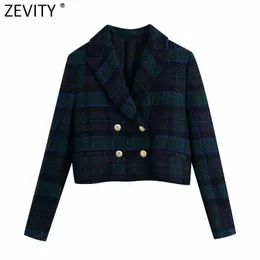 Zevity Women England Style Plaid Print Double Breasted Woolen Blazer Coat Vintage Long Sleeve Female Outerwear Chic Tops CT693 210603