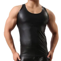 Męskie Tank Topy PU Skórzane Rękawów Summer Fitness Sport Bodybuilding Czarny Podnośniki Casual Latex Clubwear Plus Size 210623