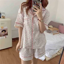 Sweet homewear tryckta sommar kvinnor lösa koreanska högkvalitativa tjejer sovkläder alla matcha korta pyjamas set 210525