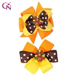 CN 6 Pcs/lots 3.5 " Thanksgiving Hair Bows For Girls Kids Stack Dot Turkey Hair Clips Hairpins Festival Accessoriess