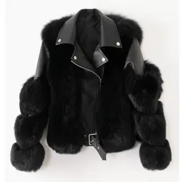 whole leather high imitation fox fur coat slim fashion women's motorcycle suit short stitching waistcoat