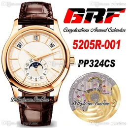 GRF V2 5205R-001 A324 Automatic Mens Watch Complications Annual Calendar Rose Gold Moon Phase White Dial Brown Leather Watches PP324SC Super Edition Puretime D4