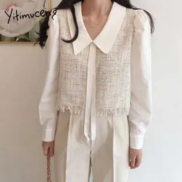 Yitimuceng Gefälschte 2 Stück Bluse Frauen Patchwork Gürtel Gerade Koreanische Mode Lange Hemd Hülse Apricot Blau Tops Sommer 210601