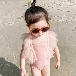 Cute Baby Girls Beading Swimwear for Toddler Kids Ruffles Princess Bathing Suit Summer Children Outfit 210529