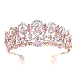 Rose Gold Różowy Vintage Barokowa Królowa King Hair Jewelry Pearl Crystal Tiara i Korona Z Grzebień Pałąk Bridal Rhinestone Diadem