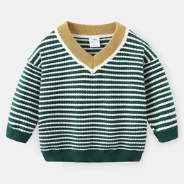 Spring Autumn Winter 2-10 Years Knitted School Student Color Patchwork Handsome Striped V-Neck Sweaters For Baby Kids Boys 210529