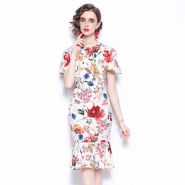 Summer Runway Women's Vintage Floral Elegant Flowers Print Dresses Casual High Quality Slim Mermaid Dress Vestido 210529