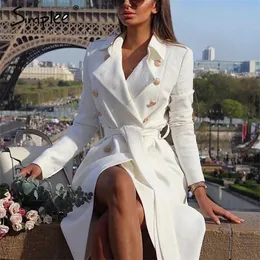 Simplee Vintage double breasted white trench coat for women Sashes slim long trench female Winter office solid trench dress 201103