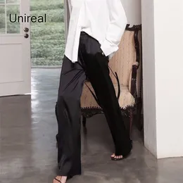 Unireal verão mulheres largo calças de pernas altas cintura cetim calças moda seda casual solta calças femininas preto streetwear 211112