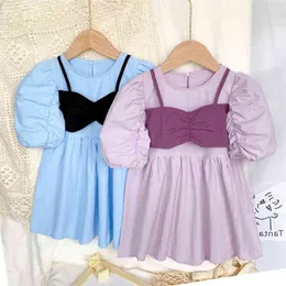 Summer Girls' Dress Fake Two-Piece Wrapped Chest Short Sleeve Sweet Princess Korean Style Children'S Baby Kids Clothing 210625