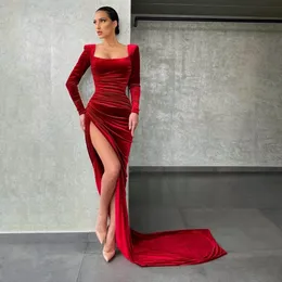 Stylish Red Mermaid Evening Dress Long Sleeves Square Collar Velour Prom Dresses Women Formal Wear Side Split vestido de novia