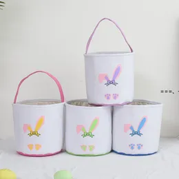 Neweaster Bunny Basket Festlig kanin Crooked Ears Skriv ut Bucket Kid Toy Candy Tote Bag Festival Party Present RRB12446