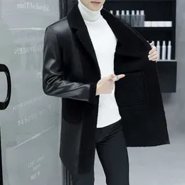 Jesień skórzany płaszcz Męska średnia długość płaszcz Koreański Slim-Fit PU Skórzana kurtka męska modna leathe retro futro męska kurtka 211018
