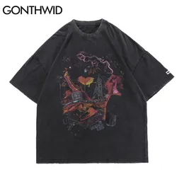 Gonthwid Oversized T-shirts Hip Hop Distressed Graffiti Punk Rock Gothic Tee Shirts Streetwear hajuku hipster kortärmad topp 210706