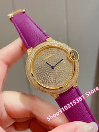 Роскошные бренды Женщины Мужчины Желтое Золото Полные алмазные Часы Нержавеющая Сталь Кварцевые Часы для Пары Пурпурные Кожаные Часы AAA + 36 мм