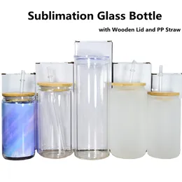 Sublimation Glass Beer Mugs with Bamboo Lid Straw 12oz 16oz 25oz DIY Blanks Frosted Clear Can Shaped Tumblers Cups Heat Transfer Cocktail Coffee Soda Glasses Express