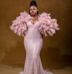 2022 Plus Size Arabic Aso Ebi Pink Mermaid Sparkly Prom Dresses Feather Sequined Evening Formal Party Second Reception Gowns Dress ZJ330