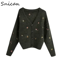 Snican Pilzblätter Stickerei Pullover Za Frauen Herbst Winter Langarm V-Ausschnitt Strickjacke Femme Jersey Negro Mujer Tops 210812