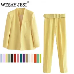 Wesay Jesi Women's Women's Office Fashion Blazer Pantsuit Simple Collar Sólido Coleira Longa Manga Comprida + Calças 2 Piece Set 220315