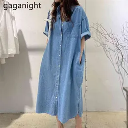 Denim Dress Mulheres Manga Curta Surpreenda Calça Jeans Long Bolsos Botão Camisa Casual Solto Vestidos 210601