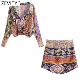 Zevity Women Vintage Cloth Patchwork Totem Kwiatowy nadruk Dwuczęściowy przycięta spódnica koszulka jesienna moda swobodne zestawy sądowe SU100 220221