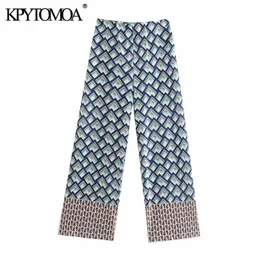 Calça feminina KPYTOMOA moda 2021 com estampa geométrica e perna larga vintage cintura alta elástica feminina calça tornozelo Mujer Q0801
