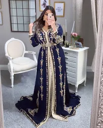 ネイビーブルーモロッコのカフチャンイブニングドレス2021刺繍アップリケ長袖イスラム教徒のPresh Gowns Cusotm Made Kafutan Arabic Party Dress