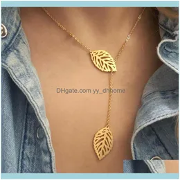 Pendant Jewelrypendant Necklaces V Attract Boho Jewelry Gold Ketting Choker Women Stainless Steel Collier Double Leaf Charm Lariat & Pendant