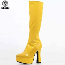 Jialuowei nya mode kvinnor funtasma 4 "chunky heel platform gogo boot knä hög boot sexig läder skor västerländsk stil h1102