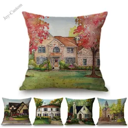 Cushion/Decorative Pillow Oil Painting Beautiful European Vintage House Building Scenery Cushion Cover Nordic Countryside Landscape Decorati