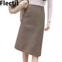 Flectit Outono Inverno Quente Lã Houndstooth Cintura Alta Lápis Midi Saia Slim Joelho Comprimento Voltar Split Split Skirt Plus Size S- XXL 211120