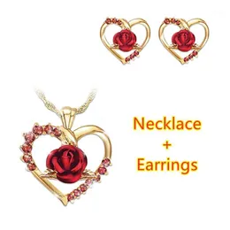 Earrings & Necklace WANGAIYAO Love Rose Flower Combination European And American Fashion Ladies Gold-plated Zircon Jewelry