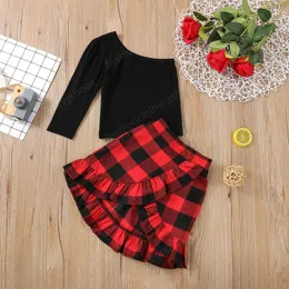 kids Clothing Sets girls lattice outfits children Oblique shoulder Tops+plaid ruffle skirts 2pcs/sets summer fashion Boutique baby clothes