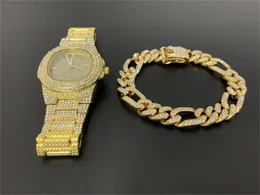 Miami Kubańska Łańcuch Lodówka Wykute Dżetów CZ Bling Rapper Naszyjniki Łańcuchy Dla Mężczyzn Biżuteria Hip Hop Bracelet + Watch 1 Set X0509