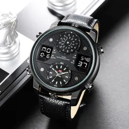 Big Dial Black Dual Display Army Man Klockor Läder Band Stål Män Male Quartz Watch Wristwatches Clock