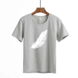 2020 Women casual Harajuku fashion t-shirt feather print loose o-neck short sleeve elastic stretched summer home new Tee Shirt X0628
