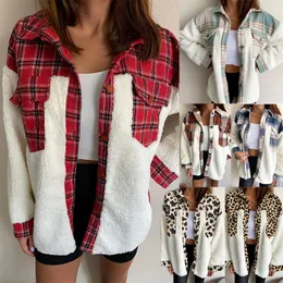 Fashion Coat Winter Warm Blouses Long Sleeve Stitching Plaid Pocket Jacket Femme Autumn Coats Blouse Cardigans