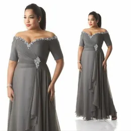 Mãe cinza da noiva vestidos de noivo plus size fora do ombro barato chiffon vestidos de festa de baile longo desgaste de noite271J