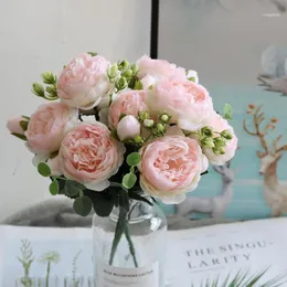 30cm Rose Pink Silk Bouquet Peony Artificial Flowers 5 Big Heads 4 Small Bud Bride Wedding Home Decoration Fake Neuf1