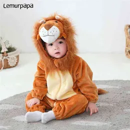 Urodzony Ubrania Baby Romper Infant Onesie Cartoon Cute Lion Pajacyki Śmieszne Kostium Miękkie Ciepłe Outfit Ropa Bebe 0-3Y Dziecko 210816