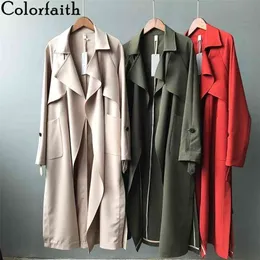 Colorfaith Autumn Winter Women's Windbreaker Elegant Vintage Open Stitch Lace Up Office Long Trench Wild Tops JK3305 210825