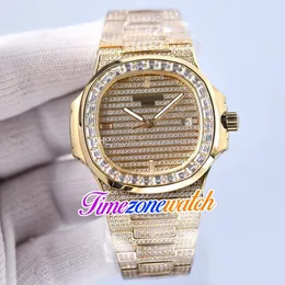 JHF 40mm 5719 / 10G-010 Cal.324 Automatisk Mens Watch 5719 Paved Diamond Dial Stick Dial och helt iced Out 18K Gul Guld Bracelet Smycken Klockor TimezoneWatch E215A (2)