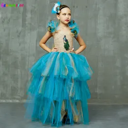 LIMITIERTE AUFLAGE Luxuriöses Pfauen-Tutu-Kleid für Mädchen mit passendem Stirnband, mehrschichtiges Kinder-Festzug-Tüll-Ballkleid, Pfauenkostüm 210303