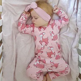 Baby Girls Romper Bawełna Z Długim Rękawem Pink Jeleni Drukuj Kombinezon Urodzony Ubrania Piżamy Odzież Niemowląt Stroje 211101