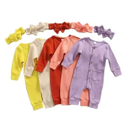 Baby boy girls ribbed Romper INS Newborn solid button Jumpsuits with headbands autumn Boutique long sleeve kids Climbing clothes