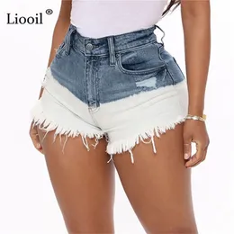 Liooil Patchwork Loch Hohe Taille Zerrissene Kurze Jeans mit Quaste Frauen Knopf Reißverschluss Taschen Gewaschen Distressed Sexy Shorts 210714