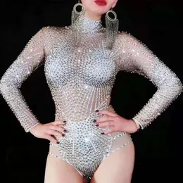 Stegslitage Kvinnors Rhinestones Stretch Bodysuit Nightclub Bar Show Fira Outfit Dance Soul Performance Costume