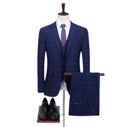 ( Jacket + Vest + Pans ) High-end Brand Formal Business Blue Plaid Men's Suit 3 Piece Sets Groom Wedding Dress Social Suit Male X0909