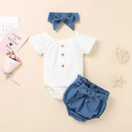 Zestawy odzieżowe 2021 Born Baby Girl Ubrania Zestaw Niemowląt Dziewczyny Solidne żebrowane Romper Shorts Hairband Letnie stroje